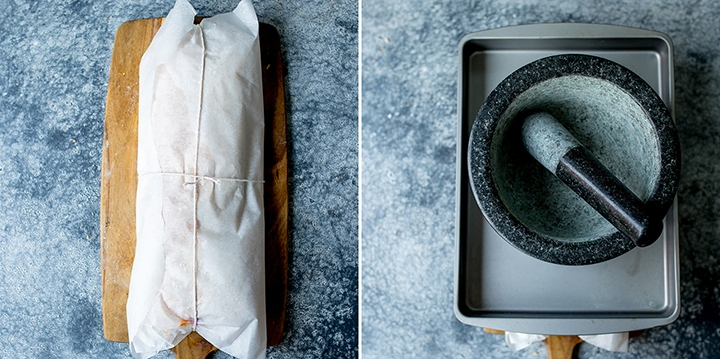 A french pressed sandwich wrapped in baking parchment and string. Further image with a weight on top to press the sandwich.