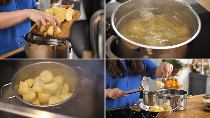 Collage of preparing potatoes for mashed potatoes