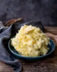 Mashed potatoes in a blue bowl