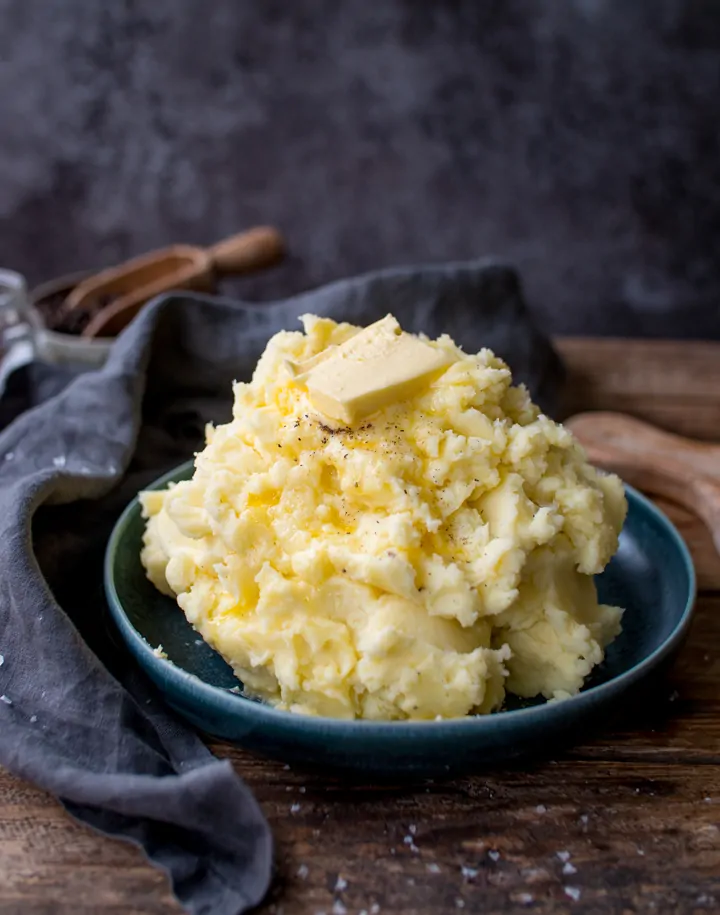 Mashed potatoes in a blue bowl