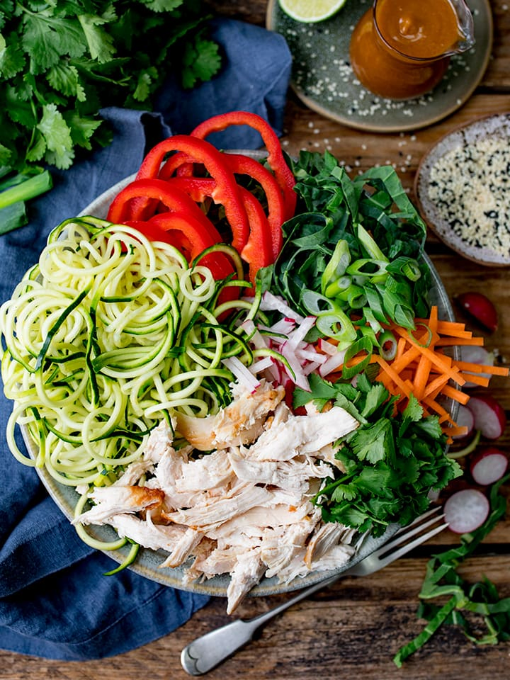 Ingredients for chicken zoodle salad in a bowl