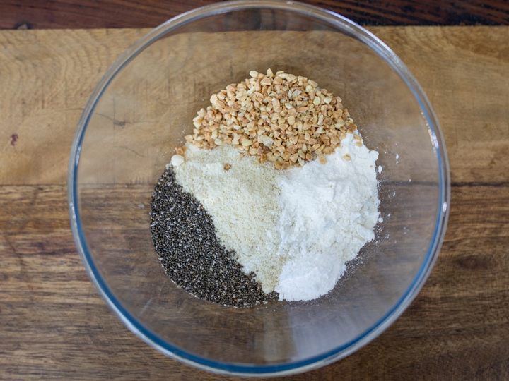 Dry ingredients for chia hazelnut pancakes in a bowl