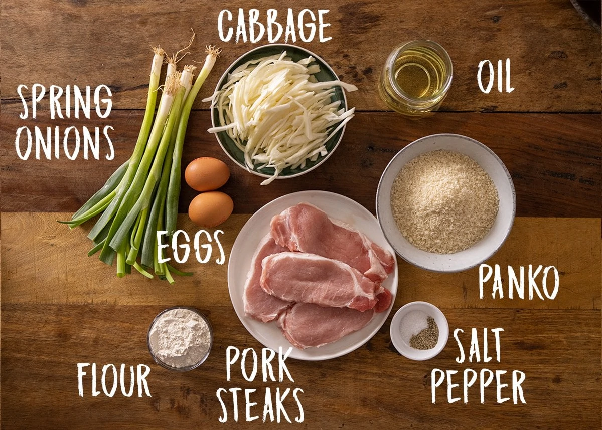 Ingredients for Tonkatsu on a wooden table