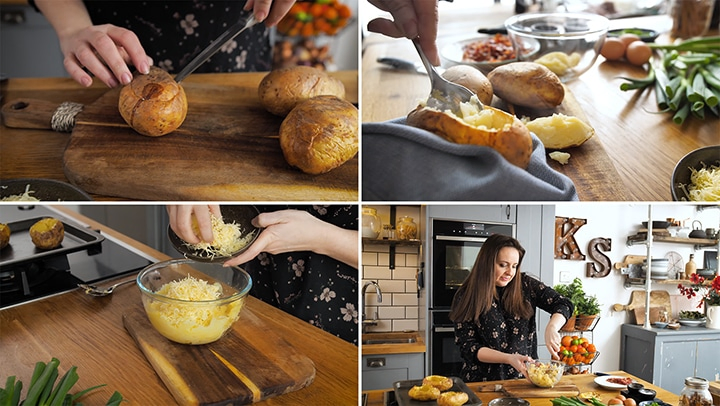 4 image collage of baking potatoes, scooping out the filling and mashing with cheese, butter and bacon