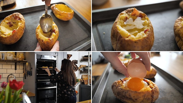 4 image collage of baked potato, stuffed with cheesy mash and bacon. Egg white in the egg and being baked, then egg yolk being added before being baked.