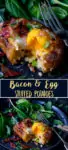 2 image collage of Egg and bacon stuffed baked potato with runny egg on a dark plate
