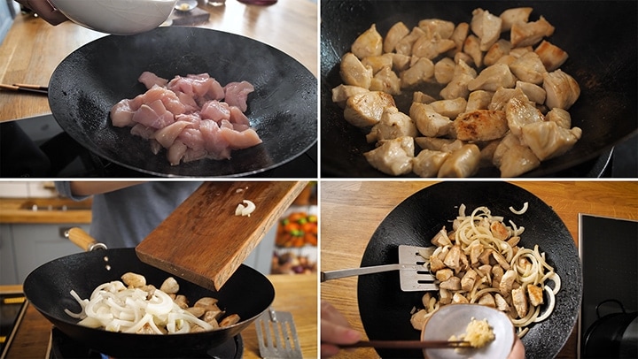 Collage of preparation steps for chicken lo mein 
