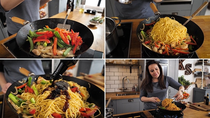 Collage of final preparation steps for Chicken lo mein
