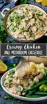 Two images of creamy chicken and mushroom casserole - top on in pan, bottom one in bowl with mashed potatoes and green veg.