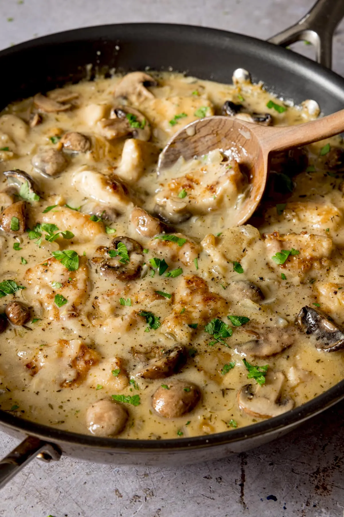 Close up of a large pan filled with creamy chicken and mushroom casserole. There is a wooden spoon in the pan.