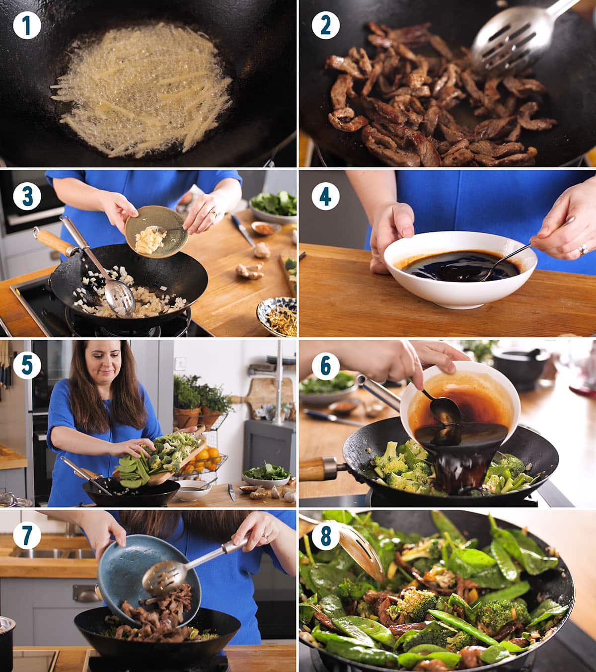 Step-by-step cooking process: frying ginger, cooking beef for a classic beef stir-fry, adding garlic and sauce, stir-frying vegetables, combining ingredients in a wok, and serving the finished stir-fry dish.