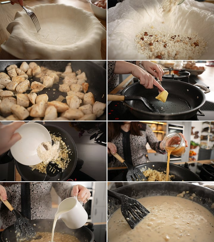 8 image collage of initial stages of making chicken and mushroom pie - from blind baking the pastry up until making the sauce