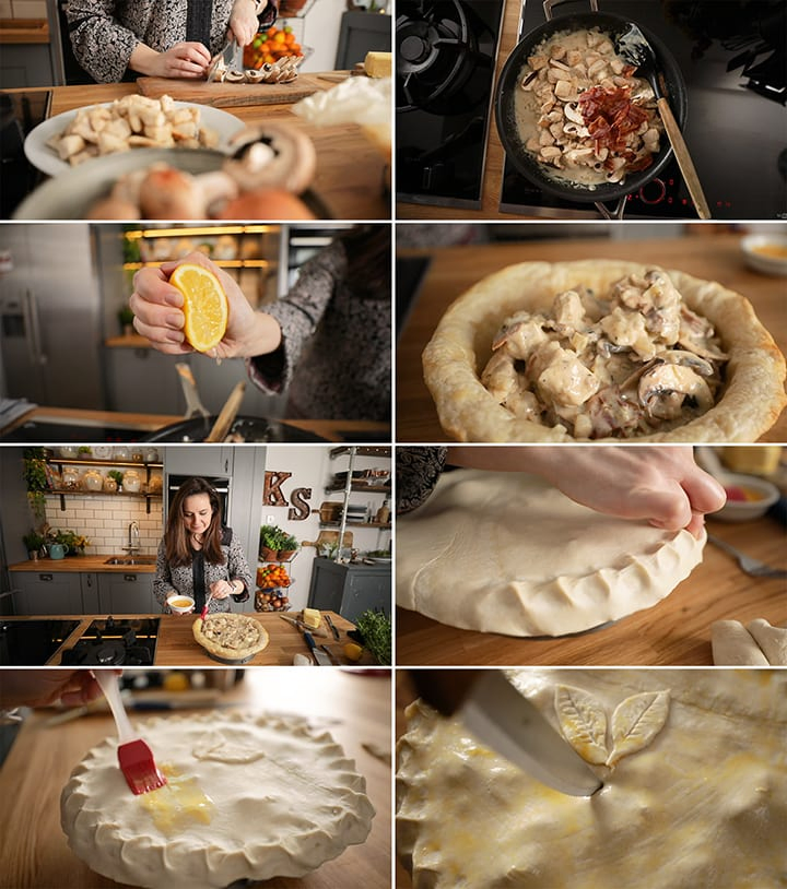 8 image collage of final stages of making chicken and mushroom pie - from cooking the filling to egg washing the pastry lid
