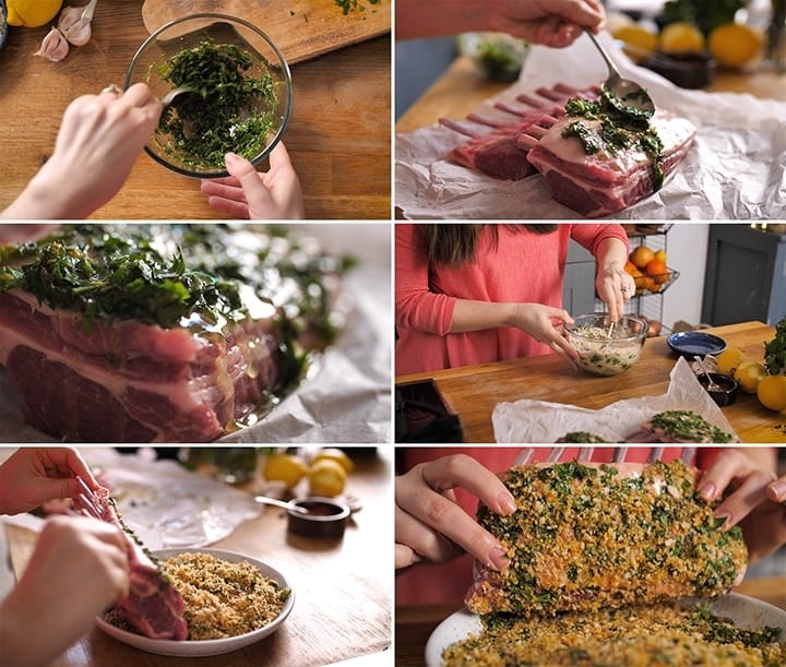 Collage of photos showing how to make a rack of lamb with garlic, lemon and thyme crust