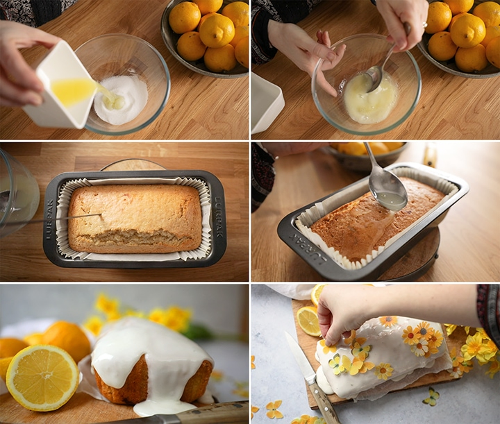 Collage of six images showing the final steps for making vegan lemon drizzle cake