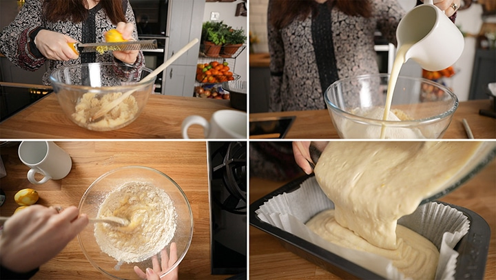 Collage of four images showing the initial steps for making vegan lemon drizzle cake