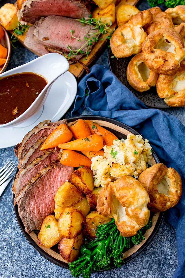 Overhead image of roast beef dinner