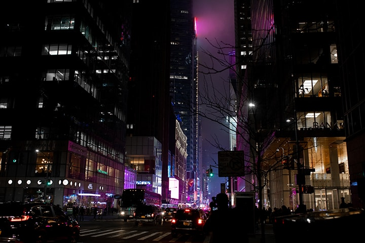 Nightime image of the glow from Time Square New York