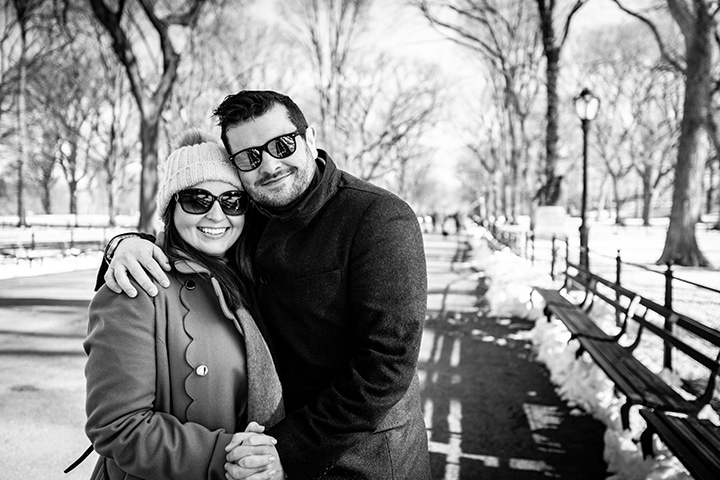 Black and white image of Nicky and Chris in Central Park