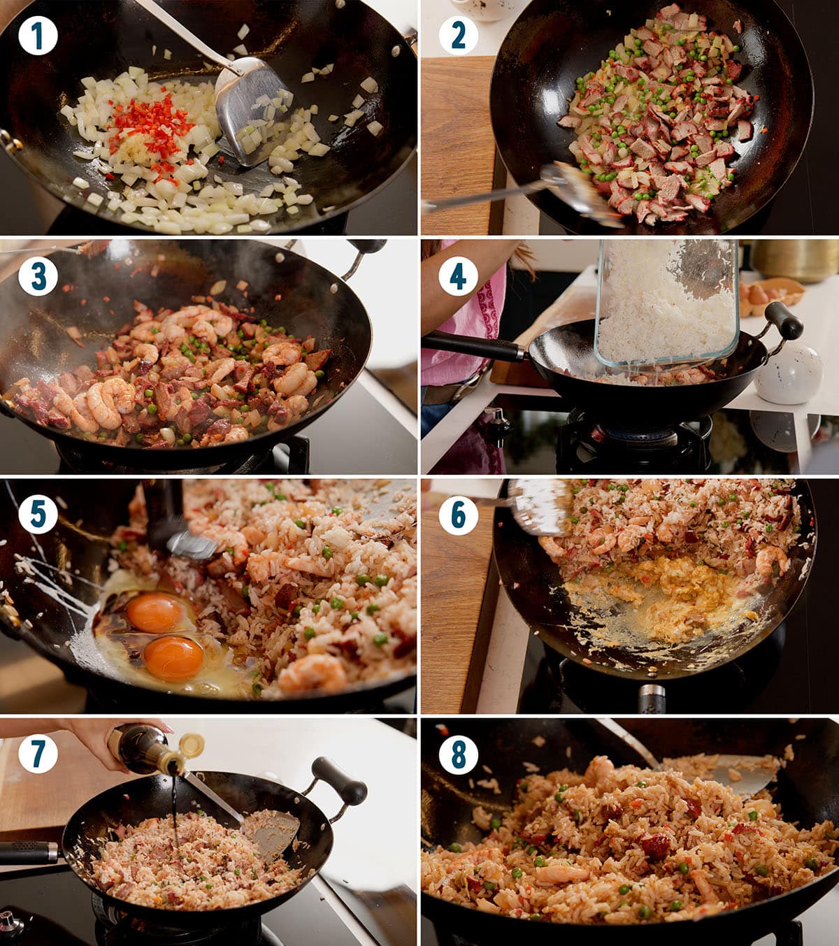 An eight-step photo sequence showing how to cook yeung chow fried rice in a wok, from sautéing aromatics and meat to adding rice, eggs, and sauce.
