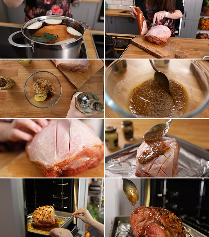 Baked ham preparation steps collage