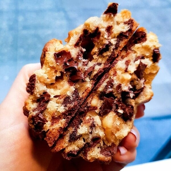 Levain bakery chocolate chip cookie in hand