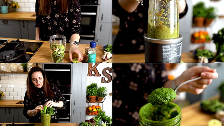 Collage showing steps to make Thai green curry paste