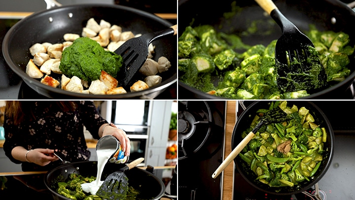 Collage showing steps to make Thai green chicken curry