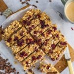 Overhead image of peanut butter, chocolate and cranberry granola bars chopped into slices