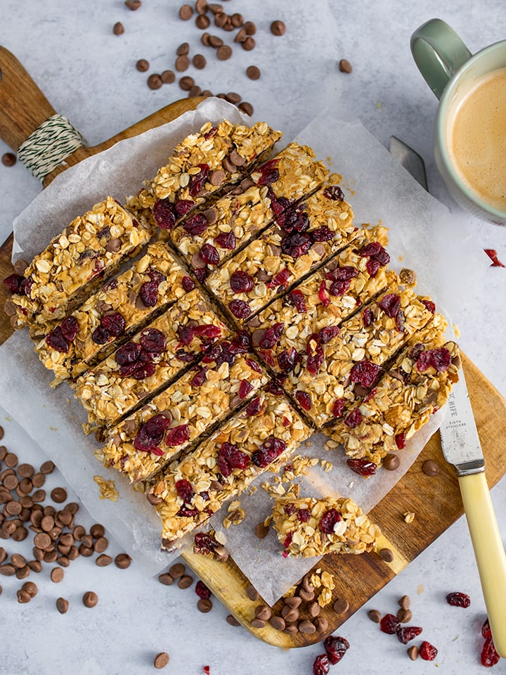 Peanut Butter Granola Bars sliced on a chopping board