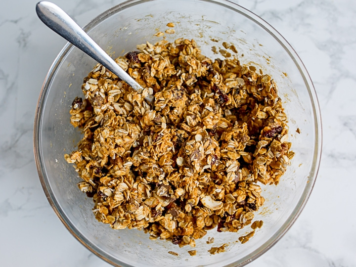 Granola bar mixture in a bowl