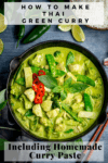 Pinterest image of Pan of Thai green chicken curry with vegetables on blue background