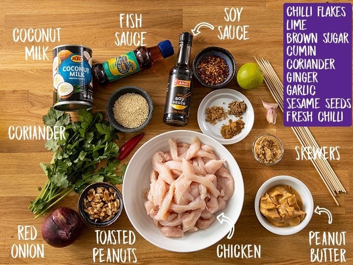 Ingredients for peanut chicken satay on a wooden table