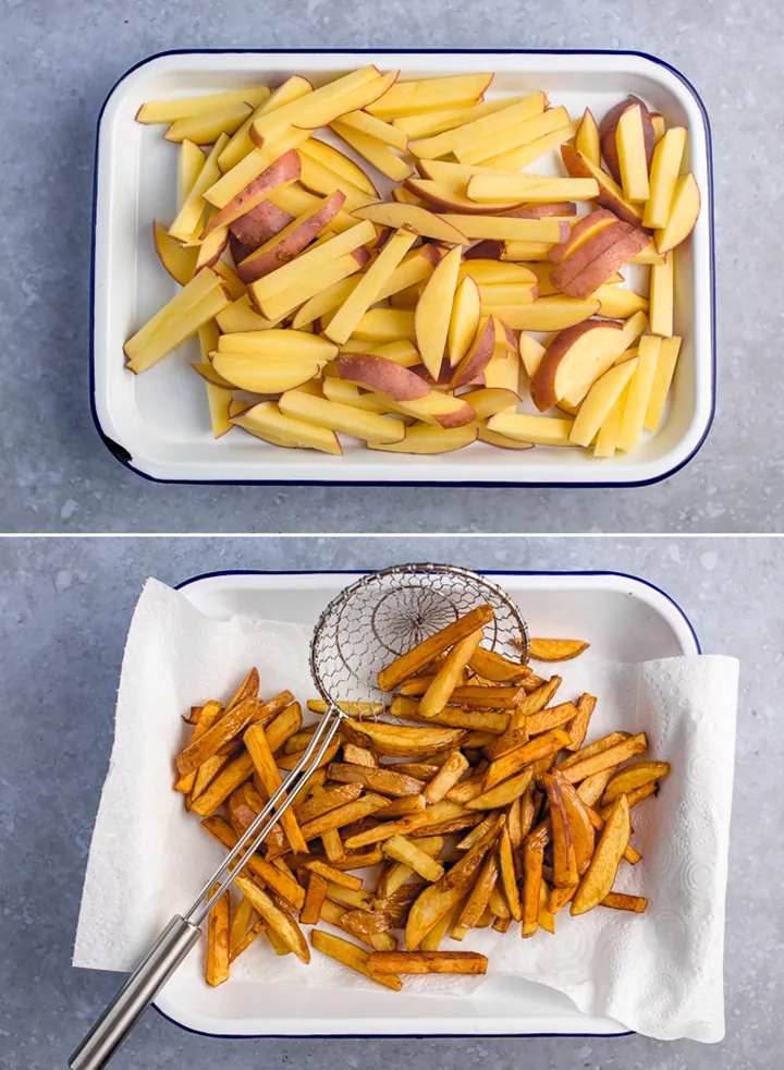 Collage of making fries