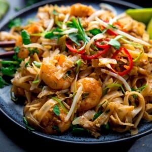 Prawn Pad Thai on a dark plate