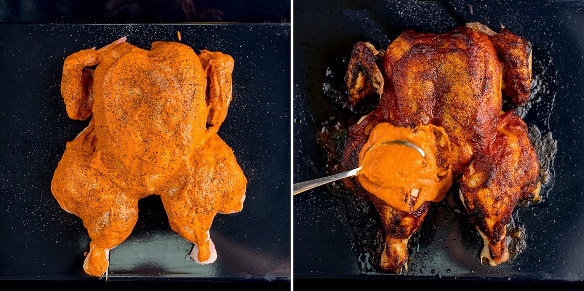 2-Bild-Collage, die zeigt, wie Soße auf hausgemachtes Peri-Peri-Huhn gestrichen wird