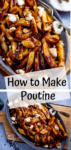 Two image collage of poutine in a grey dish