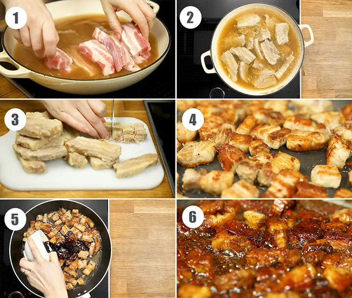 Collage of photos showing how to make sticky pork belly