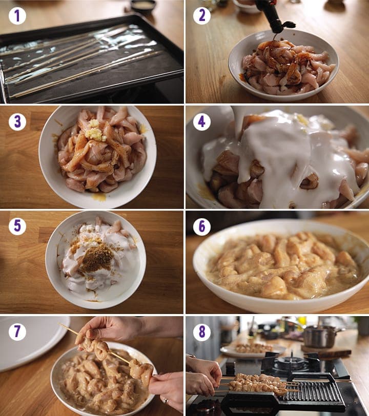 8 image collage showing how to make peanut chicken satay