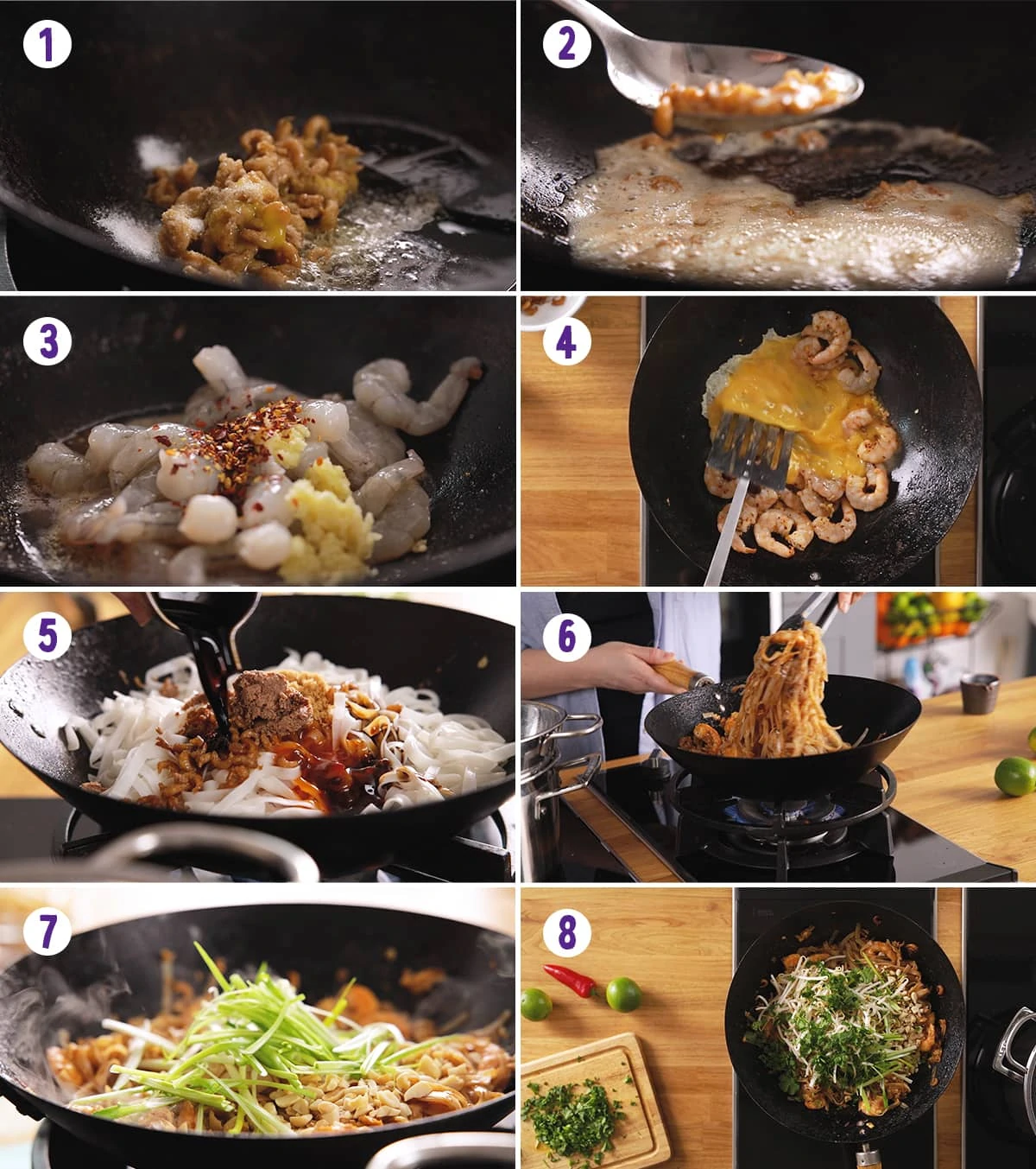 8 image collage showing how to make Pad Thai
