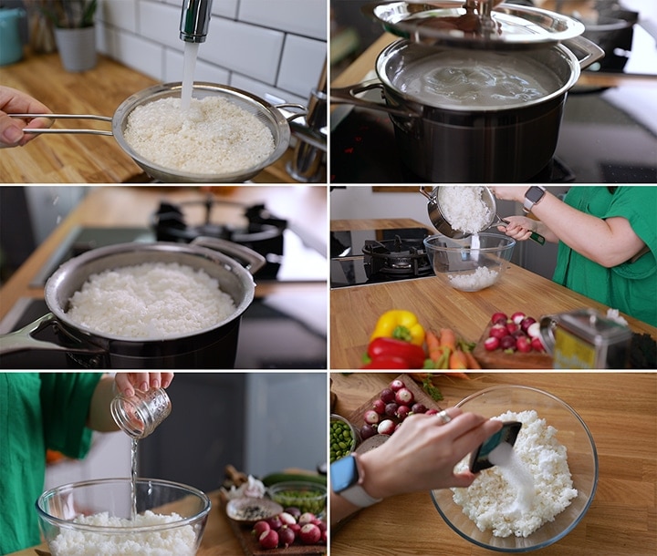 Collage of images showing how to make sushi rice