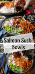 Two image collage of sushi salmon salad bowls