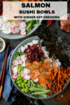Sushi salmon salad bowl with text overlay