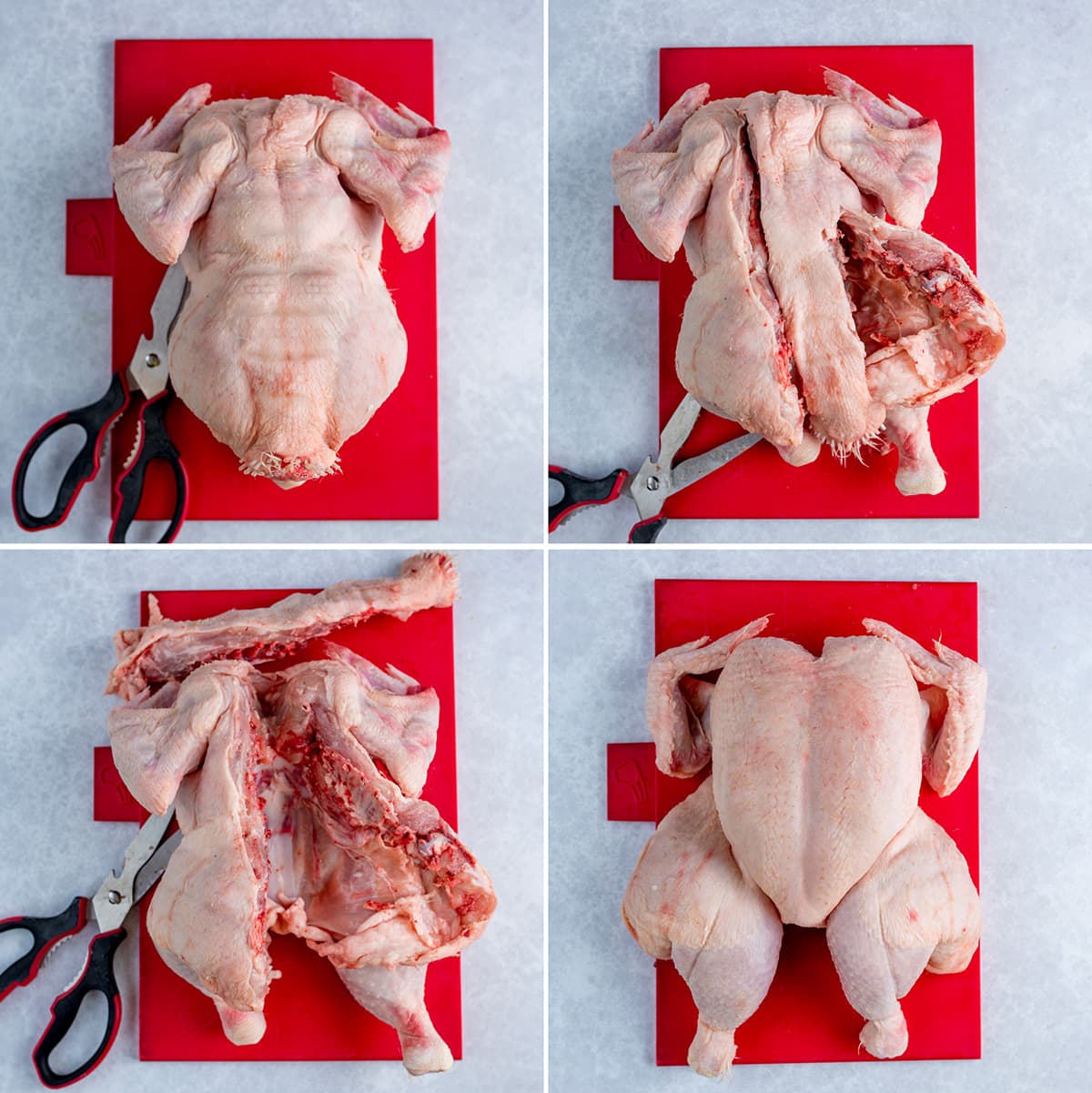 4-Bild-Collage, die zeigt, wie man ein Huhn spatchcockt