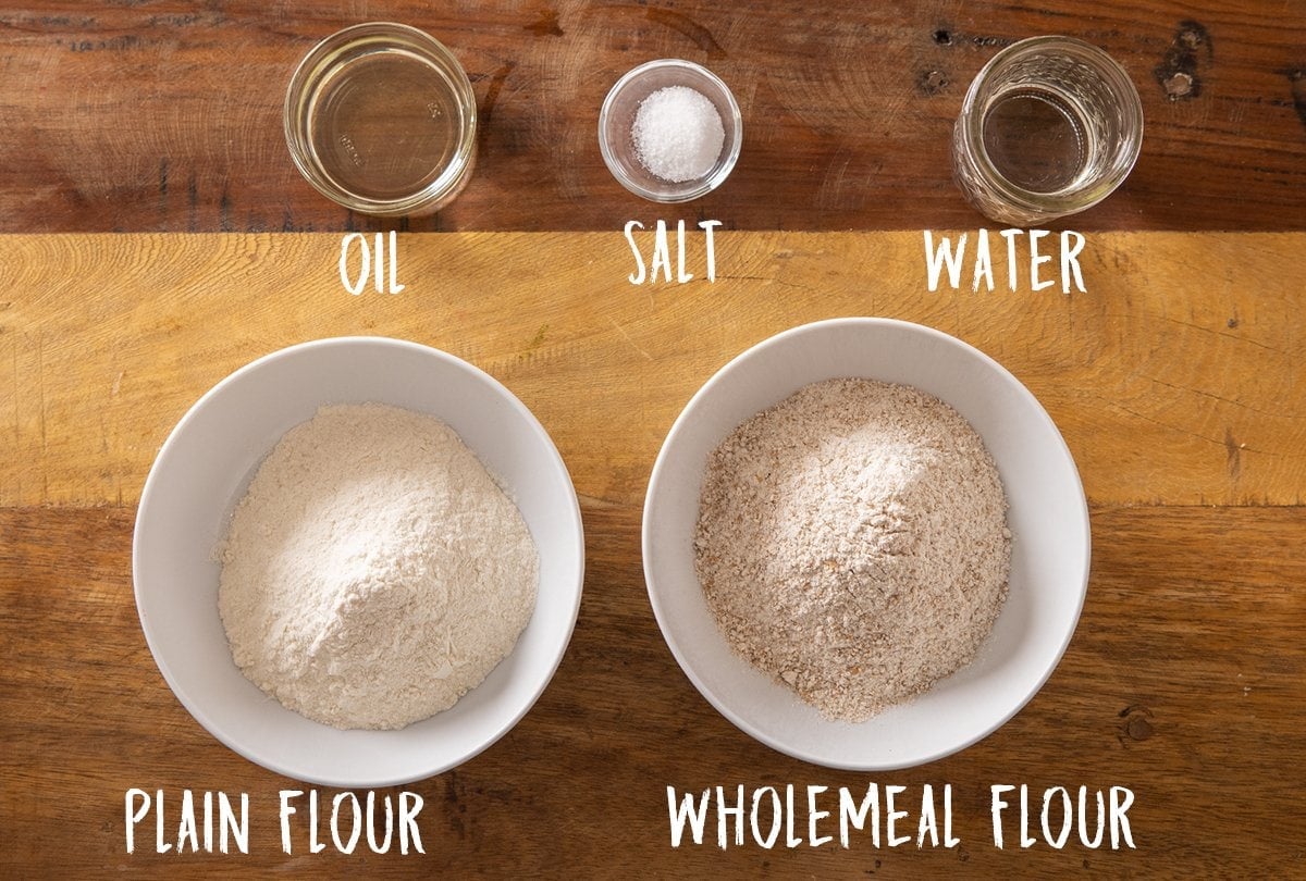 Ingredients for homemade chapati on a wooden table