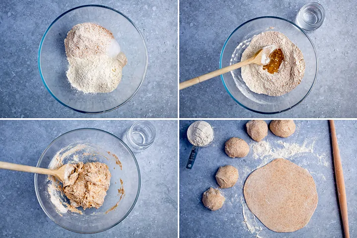 Collage of four images showing how to make chapati