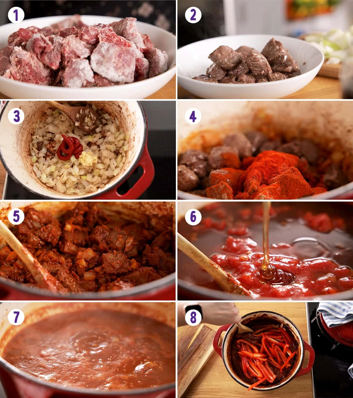 8 image collage showing how to make beef goulash