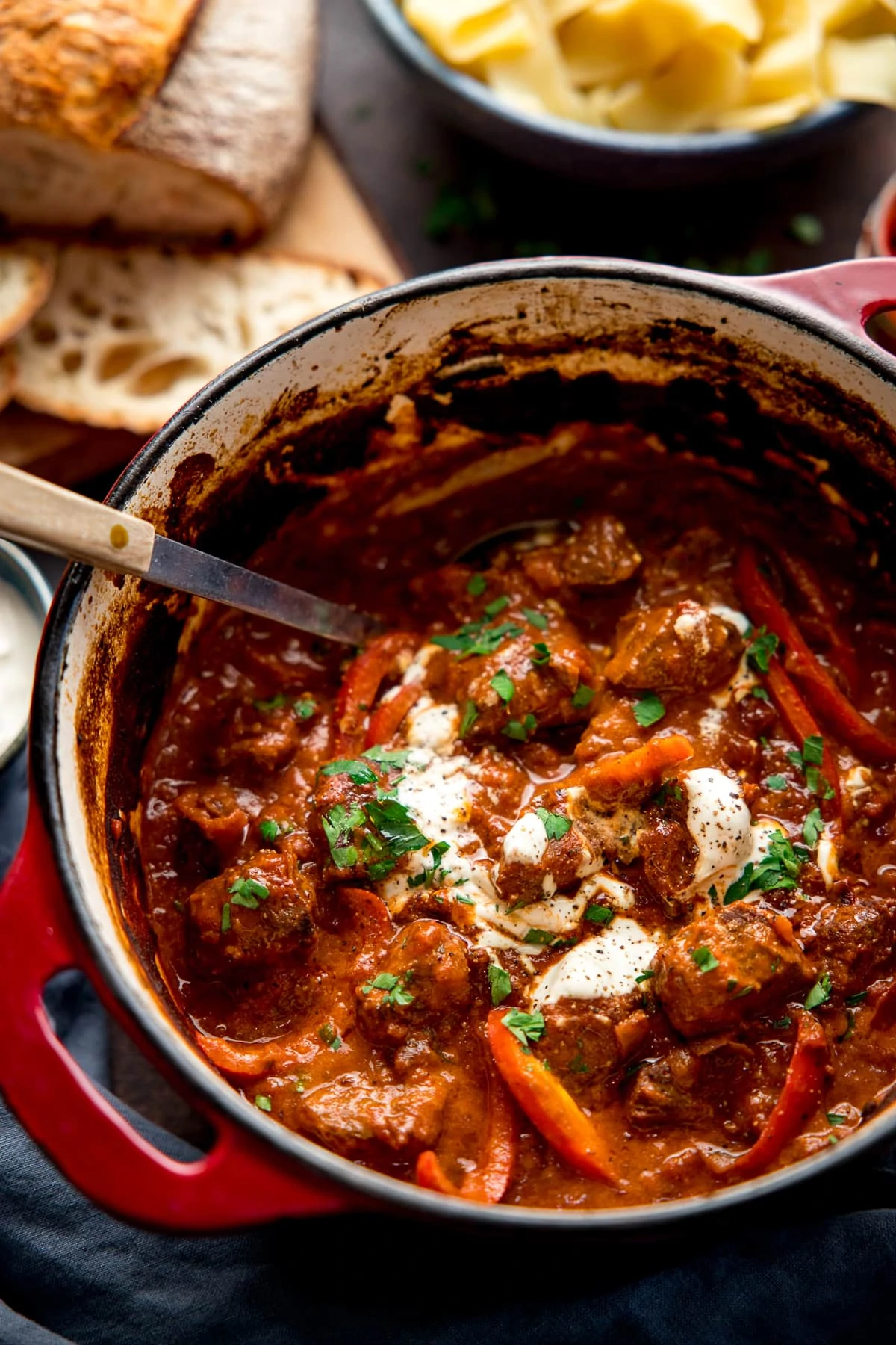 Beef Goulash in a red dutch oven pan