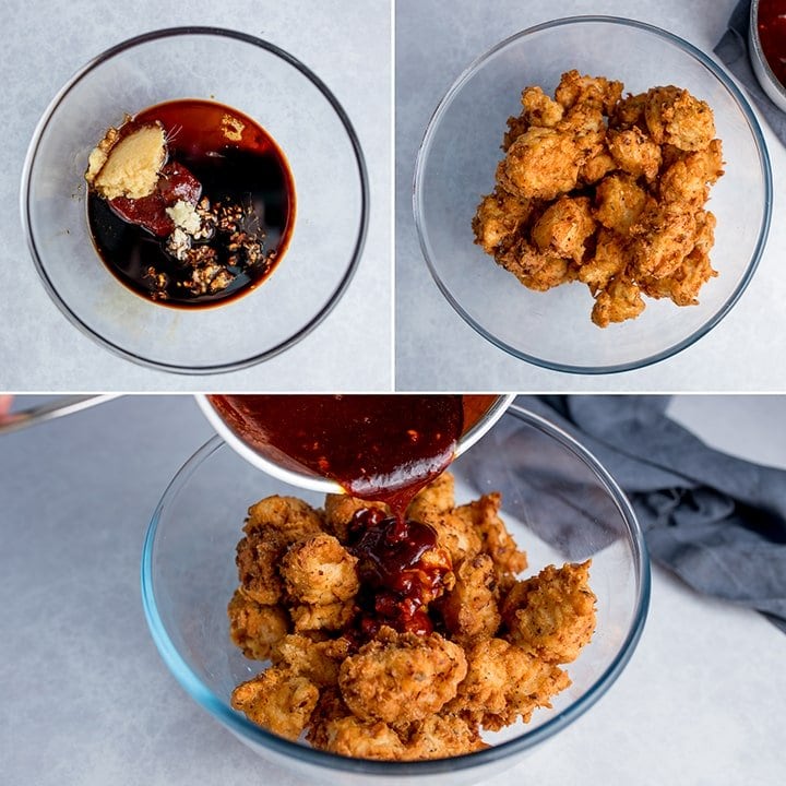 Collage of 3 images showing crispy chicken and sticky Korean sauce