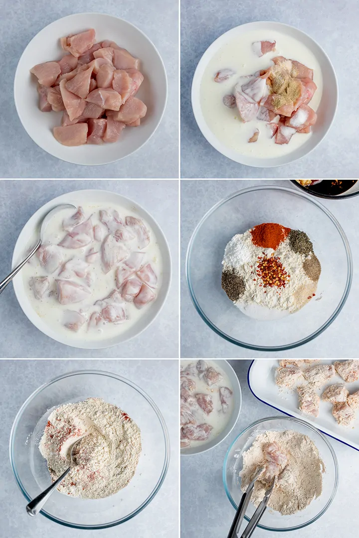 Six image collage showing how to make crispy buttermilk chicken